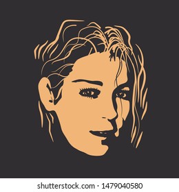 Face front view. Elegant silhouette of a female head. Portrait of a happy smiled woman