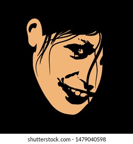 Face front view. Elegant silhouette of a female head in contrast backlight. Portrait of a happy smiled woman
