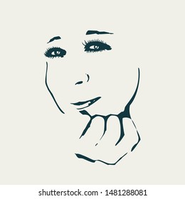 Face front view. Elegant silhouette of a female head in contrast backlight. Portrait of a happy smiled woman
