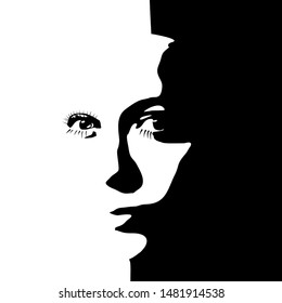 Face front view. Elegant silhouette of a female head. Portrait of a happy smiled woman
