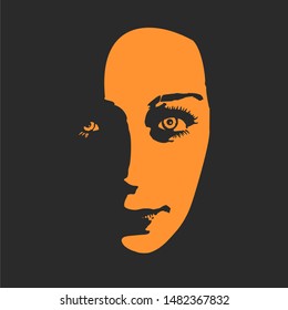 Face front view. Elegant silhouette of a female head in contrast backlight. Portrait of a happy smiled woman