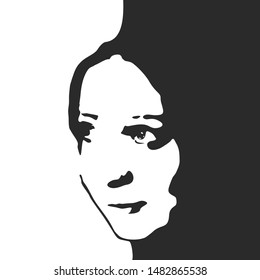 Face front view. Elegant silhouette of a female head. Portrait of a happy smiled woman