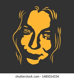 Face front view. Elegant silhouette of a female head in contrast backlight. Portrait of a happy smiled woman
