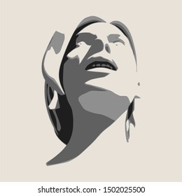 Face front view. Elegant silhouette of a female head. Surprised beautiful woman with open mouth.