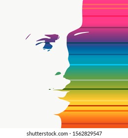 Face front view. Elegant silhouette of a female head. Portrait of a happy smiled woman. Gradient paint horizontal lines