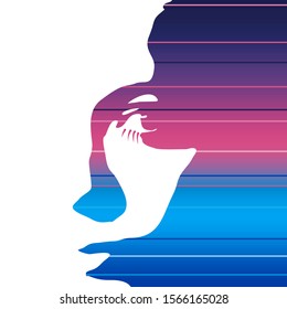 Face front view. Elegant silhouette of a female head. Portrait of a happy smiled woman. Gradient paint horizontal lines