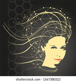 Face front view. Elegant silhouette of a female head. Portrait of a woman with decorative elements. Connected lines with dots.
