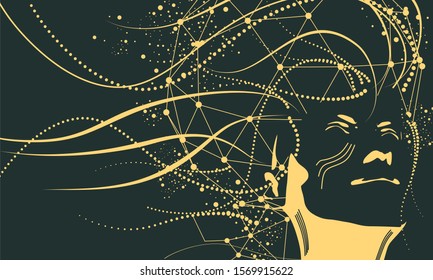 Face front view. Elegant silhouette of a female head. Portrait of a woman with decorative elements. Connected lines with dots.