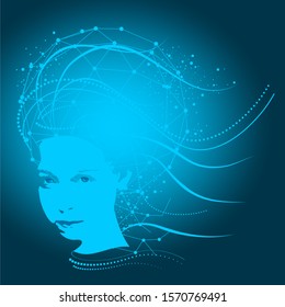 Face front view. Elegant silhouette of a female head. Portrait of a woman with decorative elements. Connected lines with dots.