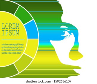 Face front view. Elegant silhouette of a female head. Portrait of a happy smiled woman. Gradient paint horizontal lines