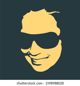 Face front view. Elegant silhouette of a female head in contrast backlight. Portrait of a happy smiled woman wearing sunglasses