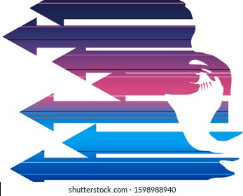 Face front view. Elegant silhouette of a female head. Portrait of a happy smiled woman. Gradient paint horizontal arrows