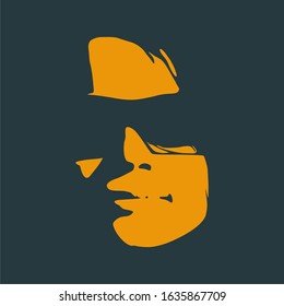 Face front view. Elegant silhouette of a female head. Portrait of a happy smiled woman in black sunglasses