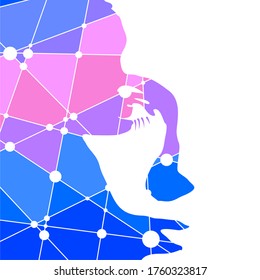 Face front view. Elegant silhouette of a female head. Portrait of a happy smiled woman. Connected lines with dots.