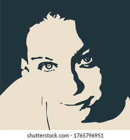 Vista frontal. Silueta elegante de cabeza femenina en contraluz. Retrato de una mujer feliz y sonriente