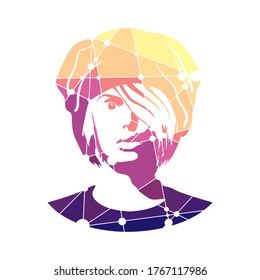 Vista frontal. Silueta elegante de cabeza femenina. Hermoso retrato de mujer. Líneas conectadas con puntos.