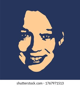 Face front view. Elegant silhouette of a female head in contrast backlight. Portrait of a happy smiled woman