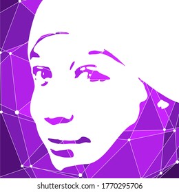 Face front view. Elegant silhouette of a female head. Portrait of a happy smiled woman