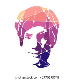 Face front view. Elegant silhouette of a female head. Beautiful woman portrait. Connected lines with dots.
