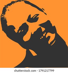 Face front view. Elegant silhouette of a female head in contrast backlight. Portrait of a happy smiled woman