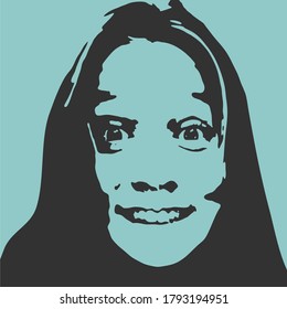 Vista frontal. Silueta elegante de cabeza femenina en contraluz. Retrato de una mujer feliz y sonriente