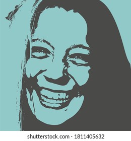 Vista frontal. Silueta elegante de cabeza femenina en contraluz. Retrato de una mujer feliz y sonriente