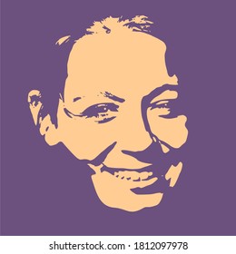 Face front view. Elegant silhouette of a female head in contrast backlight. Portrait of a happy smiled woman