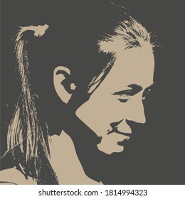 Face front view. Elegant silhouette of a female head in contrast backlight. Portrait of a happy smiled woman