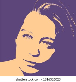 Vista frontal. Silueta elegante de cabeza femenina en contraluz. Retrato de una mujer feliz y sonriente