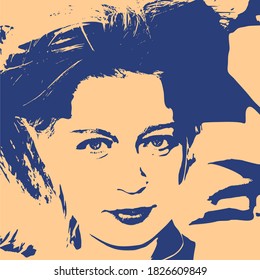 Face front view. Elegant silhouette of a female head in contrast backlight. Portrait of a happy smiled woman