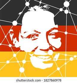 Vista frontal. Silueta elegante de cabeza femenina y bandera de Alemania. Retrato de una mujer feliz y sonriente. Líneas conectadas con puntos.