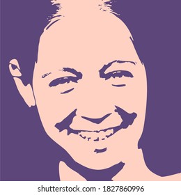 Face front view. Elegant silhouette of a female head in contrast backlight. Portrait of a happy smiled woman
