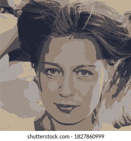Vista frontal. Silueta elegante de cabeza femenina en contraluz. Retrato de una mujer feliz y sonriente