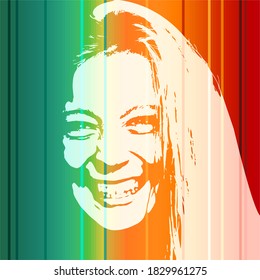 Face front view. Elegant silhouette of a female head decorated by gradient lines. Portrait of a happy smiled woman