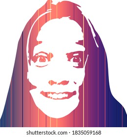 Face front view. Elegant silhouette of a female head decorated by gradient lines. Portrait of a happy smiled woman