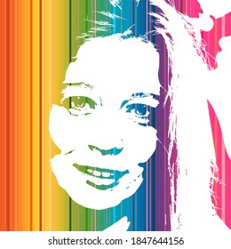 Face front view. Elegant silhouette of a female head decorated by gradient lines. Portrait of a happy smiled woman