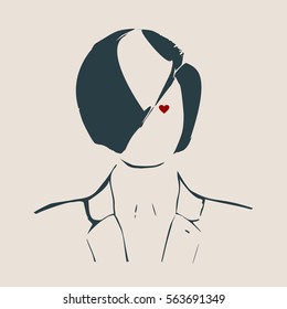 Face front view. Elegant silhouette of a female head. Vector Illustration. Short hair. Monochrome gamma. Business woman with heart icon instead eye