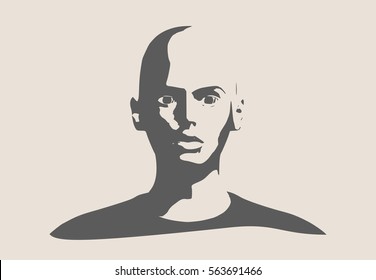 Face front view. Elegant silhouette of a female head. Vector Illustration. Head without hair. Monochrome gamma.