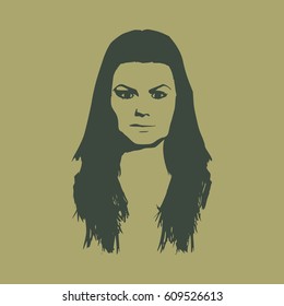 Face front view. Elegant silhouette of a female head. Vector Illustration. Long hair. Monochrome gamma.