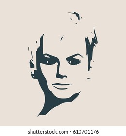 Face front view. Elegant silhouette of a female head. Vector Illustration. Short hair. Monochrome gamma.