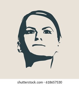 Face front view. Elegant silhouette of a female head. Vector Illustration. Short hair. Monochrome gamma.