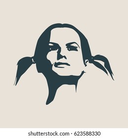Face front view. Elegant silhouette of a female head. Vector Illustration. Pigtails hair style. Monochrome gamma.