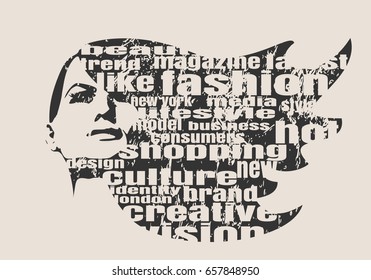 Face front view. Elegant silhouette of a female head. Vector Illustration. Monochrome gamma. Fashion Relative Keywords Cloud. Distressed grunge texture