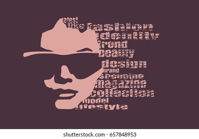 Face front view. Elegant silhouette of a female head. Vector Illustration. Monochrome gamma. Fashion Relative Keywords Cloud. Portrait with sunglasses