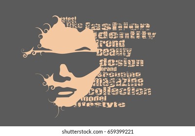 Face front view. Elegant silhouette of a female head. Vector Illustration. Monochrome gamma. Fashion Relative Keywords Cloud. Portrait with sunglasses