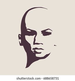 Face front view. Elegant silhouette of a female head. Vector Illustration. Short hair. Monochrome gamma.