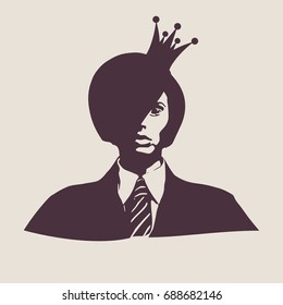 Face front view. Elegant silhouette of a female head. Vector Illustration. Short hair. Monochrome gamma. Business woman. Medieval queen crown