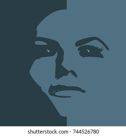 Face front view. Elegant silhouette of a female head. Monochrome gamma.