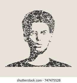 Face front view. Elegant silhouette of a female head. Short hair. Monochrome gamma. Grunge cracked texture avatar