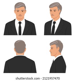 Face in front view and side view, old man Front, side, back, view animated businessman character. Flat vector illustration.